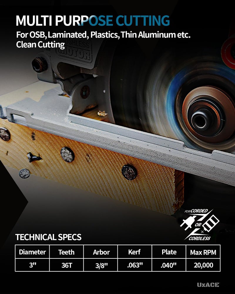 UXACE 3-Inch 36-Tooth Circular Saw Blade with 3/8-Inch Arbor, Ultra Finish General Purpose Cutting, Carbide Tip, Thin Kerf, for Plywood, MDF, OSB, Laminated, Plastic, Thin Aluminum, 3 Pack - Image 3